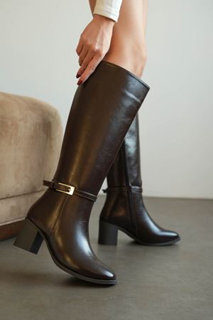 Kadın Luvec Kısa Topuklu Tokalı Çizme - Kahve-Deri