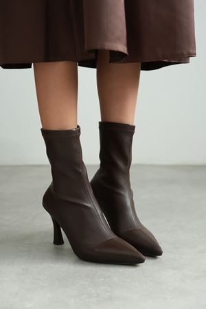 Kadın Lopez Streç Malzeme Sivri Burun Topuklu Bot - Kahve-Deri