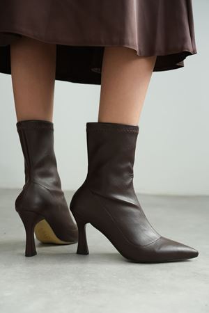 Kadın Lopez Streç Malzeme Sivri Burun Topuklu Bot - Kahve-Deri