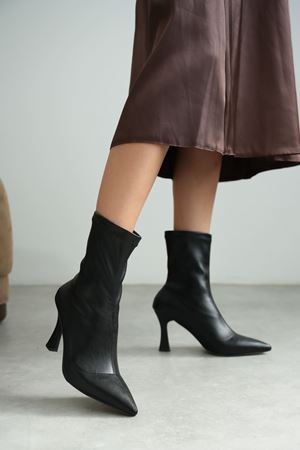 Kadın Lopez Streç Malzeme Sivri Burun Topuklu Bot - siyah-deri