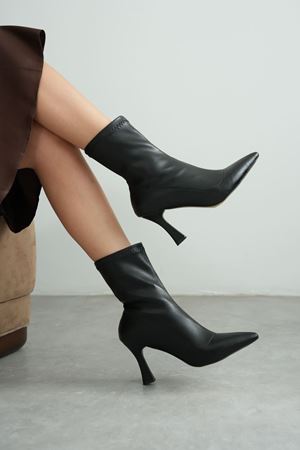 Kadın Lopez Streç Malzeme Sivri Burun Topuklu Bot - siyah-deri