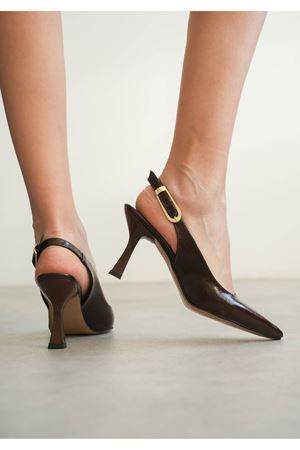 Kadın Ovis Sivri Topuklu Ayakkabı - Kahve-Kırışık Rugan