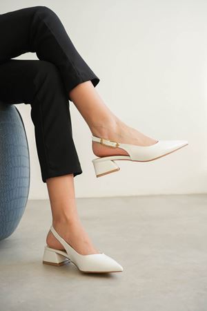 Kadın Mely Tokalı Kısa Topuklu Ayakkabı - Beyaz-Rugan