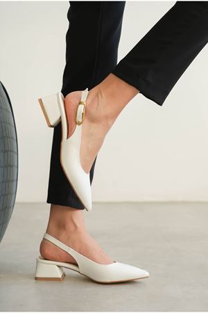 Kadın Mely Tokalı Kısa Topuklu Ayakkabı - Beyaz-Rugan