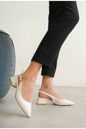 Kadın Mely Tokalı Kısa Topuklu Ayakkabı - Beyaz-Deri