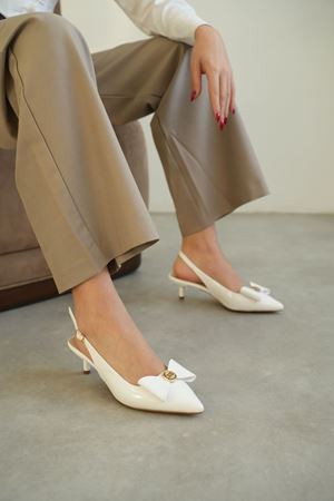 Kadın Tesla Kısa Topuklu Papyonlu Ayakkabı - Beyaz-Rugan