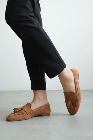 Kadın Boos Düz Taban Püsküllü Babet - Taba Süet