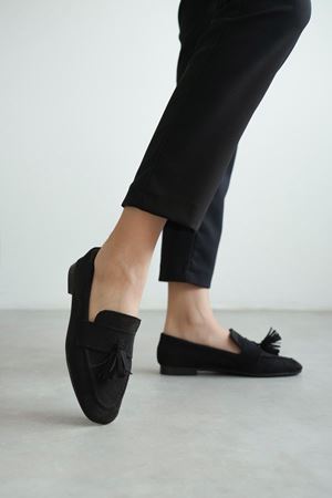 Kadın Boos Düz Taban Püsküllü Babet - Siyah Süet