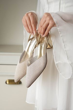 Kadın Flex Kısa Topuklu Simli  Ayakkabı - Altın