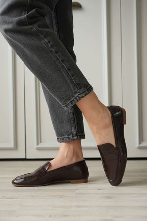 Kadın Olbin Düz Taban Babet - Kahve-Rugan