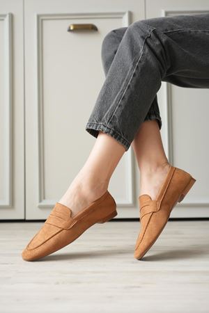 Kadın Olbin Düz Taban Babet - Taba Süet