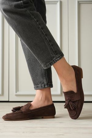 Kadın Boos Düz Taban Püsküllü Babet - Kahve-Süet