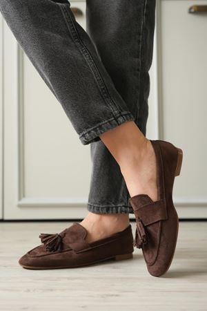 Kadın Boos Düz Taban Püsküllü Babet - Kahve-Süet