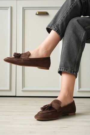 Kadın Boos Düz Taban Püsküllü Babet - Kahve-Süet