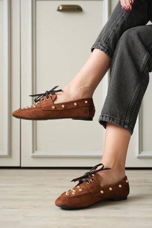 Kadın Fula Düz Taban Trok Detay Babet - Kahve-Süet