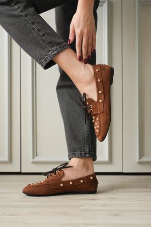 Kadın Fula Düz Taban Trok Detay Babet - Kahve-Süet