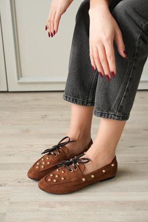 Kadın Fula Düz Taban Trok Detay Babet - Kahve-Süet