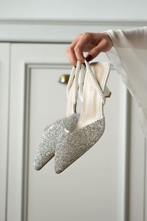 Kadın Monezza Topuklu Cam Kırığı Taşlı Ayakkabı - Beyaz