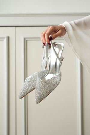 Kadın Monezza Topuklu Cam Kırığı Taşlı Ayakkabı - Gümüş