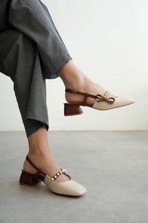 Kadın Maste İncili Kısa Topuklu Ayakkabı - Ten-Taba