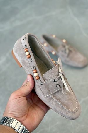 Kadın Ragus Boncuk Detay  Düz Taban Babet - Vizon