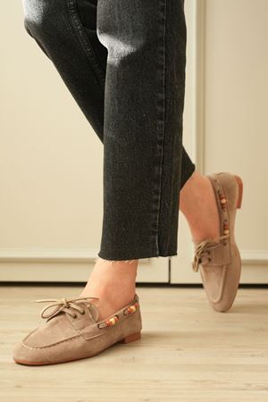 Kadın Ragus Boncuk Detay  Düz Taban Babet - Vizon