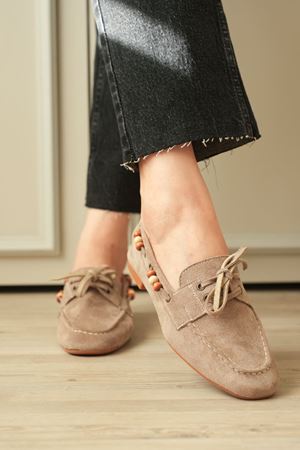 Kadın Ragus Boncuk Detay  Düz Taban Babet - Vizon