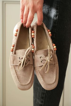 Kadın Ragus Boncuk Detay  Düz Taban Babet - Vizon