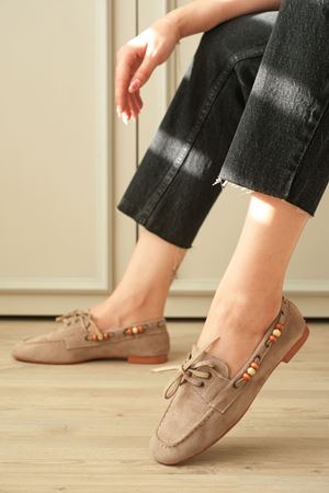 Kadın Ragus Boncuk Detay  Düz Taban Babet - Vizon