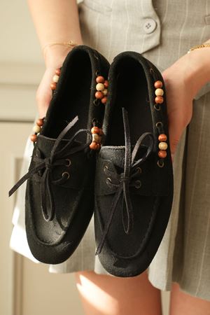 Kadın Ragus Boncuk Detay  Düz Taban Babet - Siyah Süet