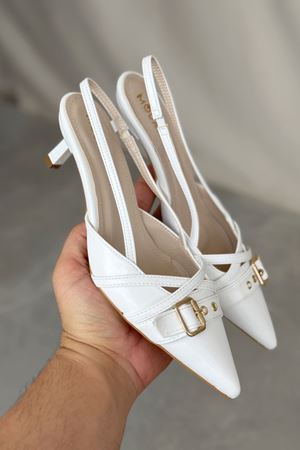 Kadın Paris İnce Kısa Topuklu Ayakkabı - Beyaz-Rugan