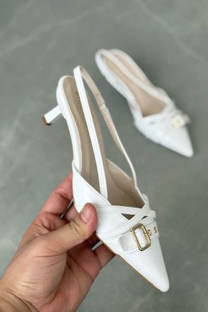 Kadın Paris İnce Kısa Topuklu Ayakkabı - Beyaz-Rugan