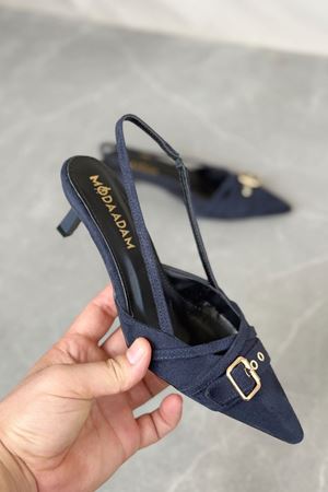 Kadın Paris İnce Kısa Topuklu Ayakkabı - Lacivert-Süet