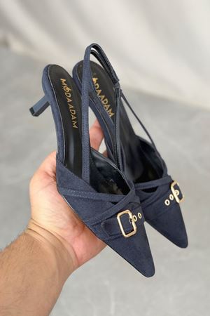 Kadın Paris İnce Kısa Topuklu Ayakkabı - Lacivert-Süet