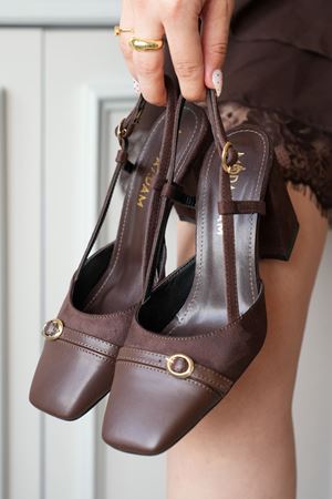 Kadın Saly Köşe Burun Topuklu Ayakkabı - Kahve-Süet