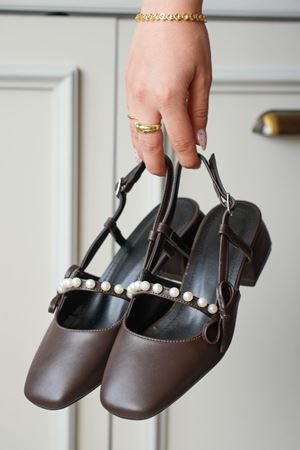 Kadın Maste İncili Kısa Topuklu Ayakkabı - Kahve-Deri