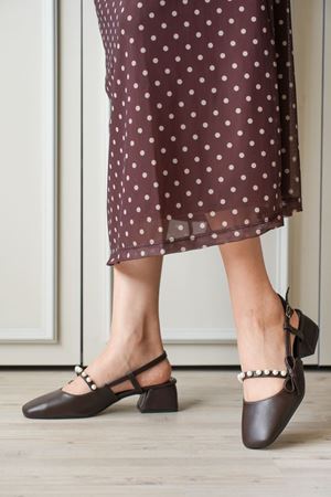 Kadın Maste İncili Kısa Topuklu Ayakkabı - Kahve-Deri