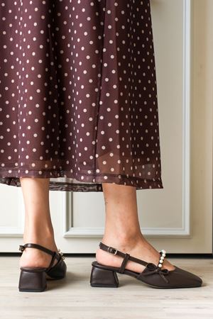 Kadın Maste İncili Kısa Topuklu Ayakkabı - Kahve-Deri