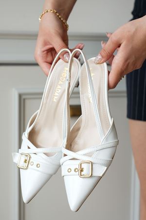 Kadın Paris İnce Kısa Topuklu Ayakkabı - Beyaz-Rugan