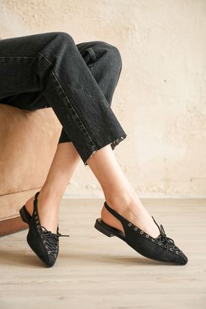 Kadın Tosac Bağcıklı Babet - Siyah Süet