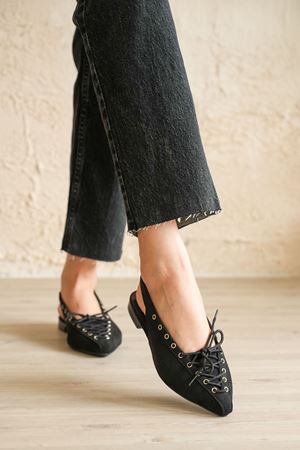 Kadın Tosac Bağcıklı Babet - Siyah Süet