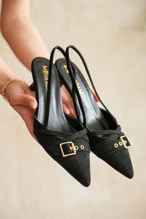 Kadın Paris İnce Kısa Topuklu Ayakkabı - Siyah Süet