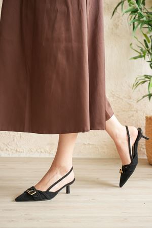 Kadın Paris İnce Kısa Topuklu Ayakkabı - Siyah Süet