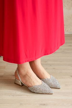 Kadın Enju Kısa Topuklu Cam Kırığı Taşlı Ayakkabı - Gümüş