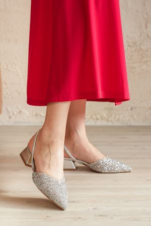 Kadın Enju Kısa Topuklu Cam Kırığı Taşlı Ayakkabı - Gümüş