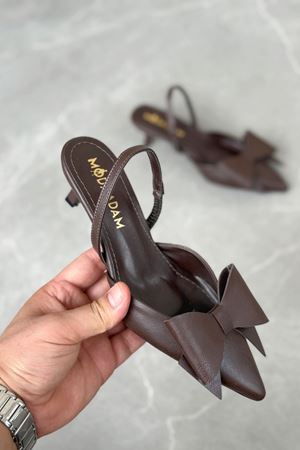 Kadın Cupe İnce Kısa Topuklu Ayakkabı - Kahve-Deri