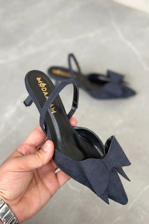 Kadın Cupe İnce Kısa Topuklu Ayakkabı - Lacivert-Süet