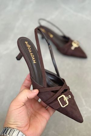 Kadın Paris İnce Kısa Topuklu Ayakkabı - Kahve-Süet