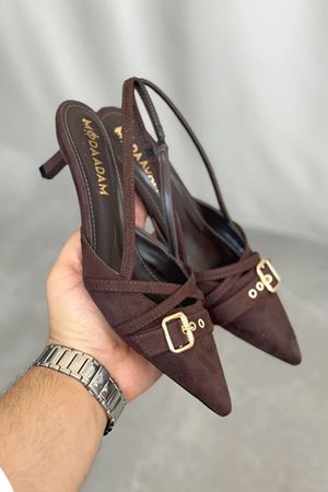 Kadın Paris İnce Kısa Topuklu Ayakkabı - Kahve-Süet