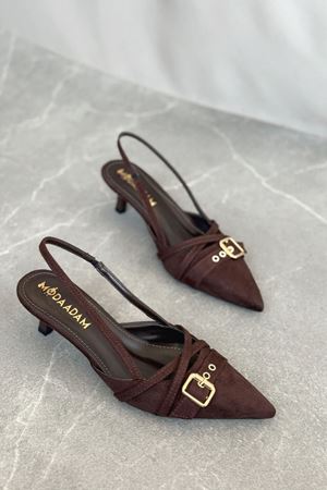 Kadın Paris İnce Kısa Topuklu Ayakkabı - Kahve-Süet